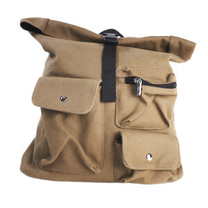 khaki black strap roll top backpack