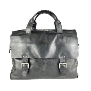 BLACK LEATHER TWO BUCKLES LAPTOP BAG