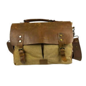 BROWN LEATHER AND CANVAS WORN LAPTOP BAG